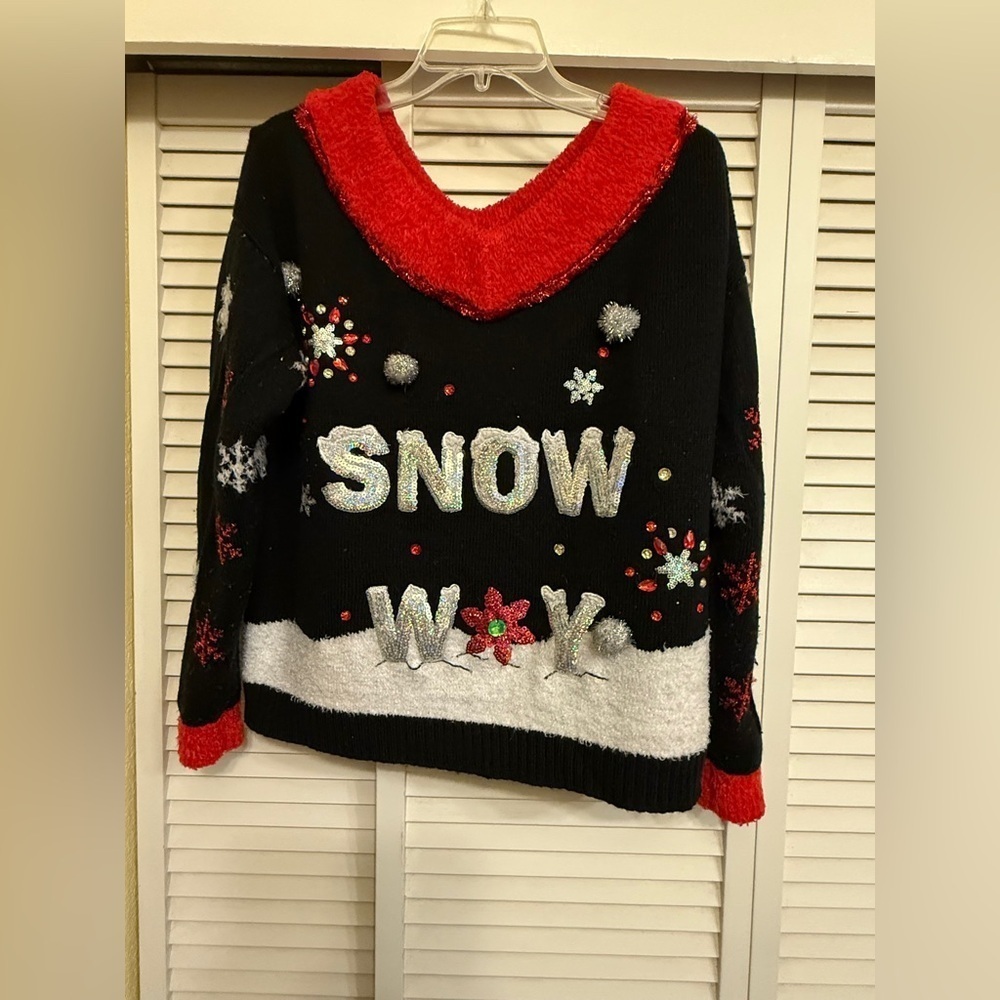 Festive Christmas Snow Way Black and Red Ugly Women's Holiday Sweater